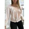 Blouse rose plissé au buste avec volant en dentelle aux manches - 7