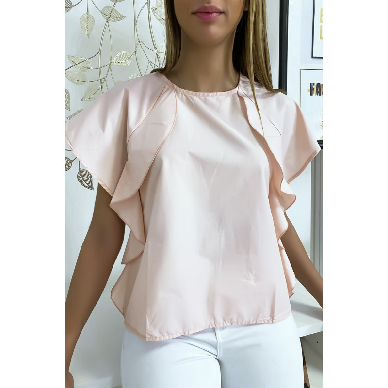 Blouse rose à volant avec trois boutons à l'épaules - 2