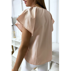 Blouse rose à volant avec trois boutons à l'épaules - 4