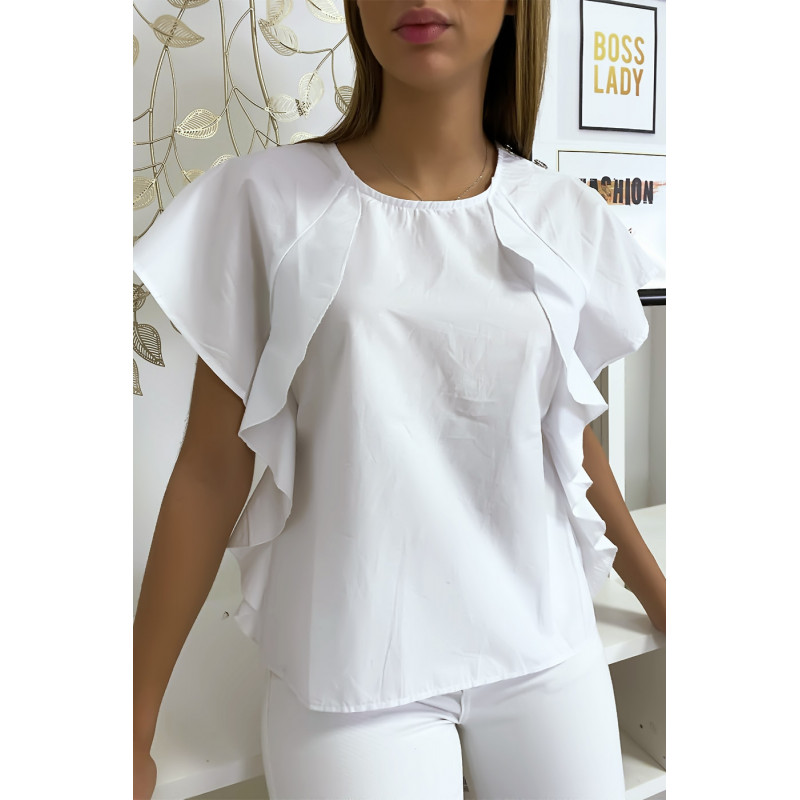 Blouse blanche à volant avec trois boutons à l'épaules - 1