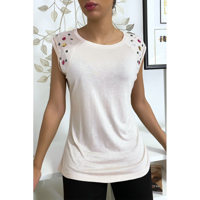 Tee shirt beige avec strass aux épaules - 3