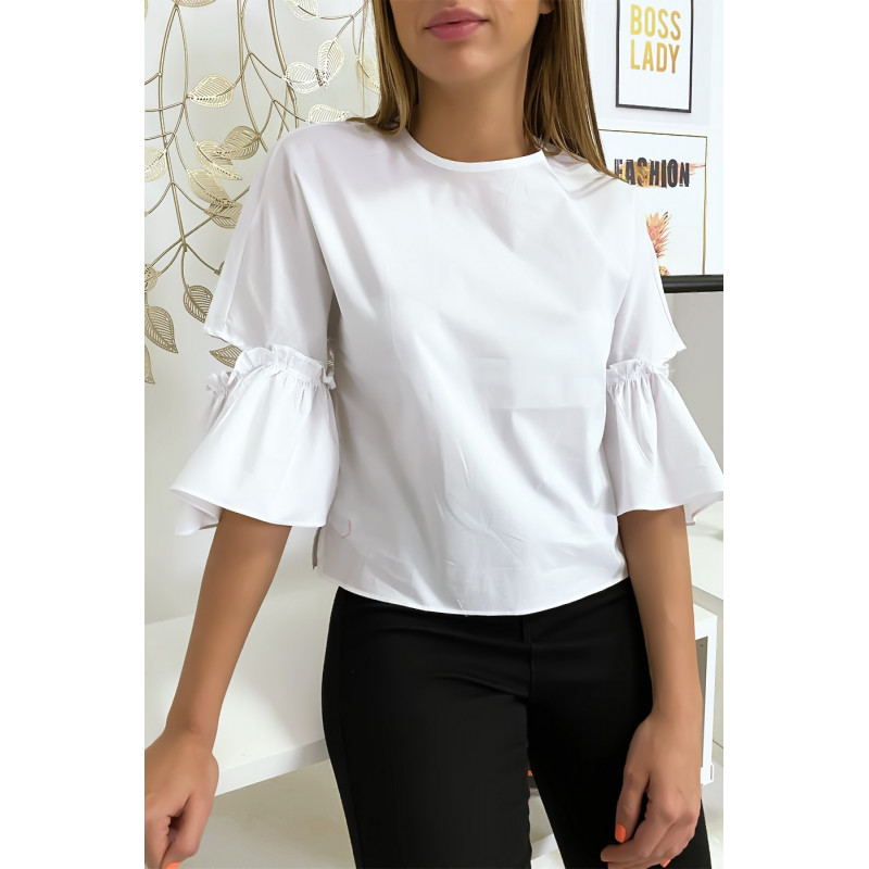 Blouse blanche manches volantes avec joli petit noeud - 4