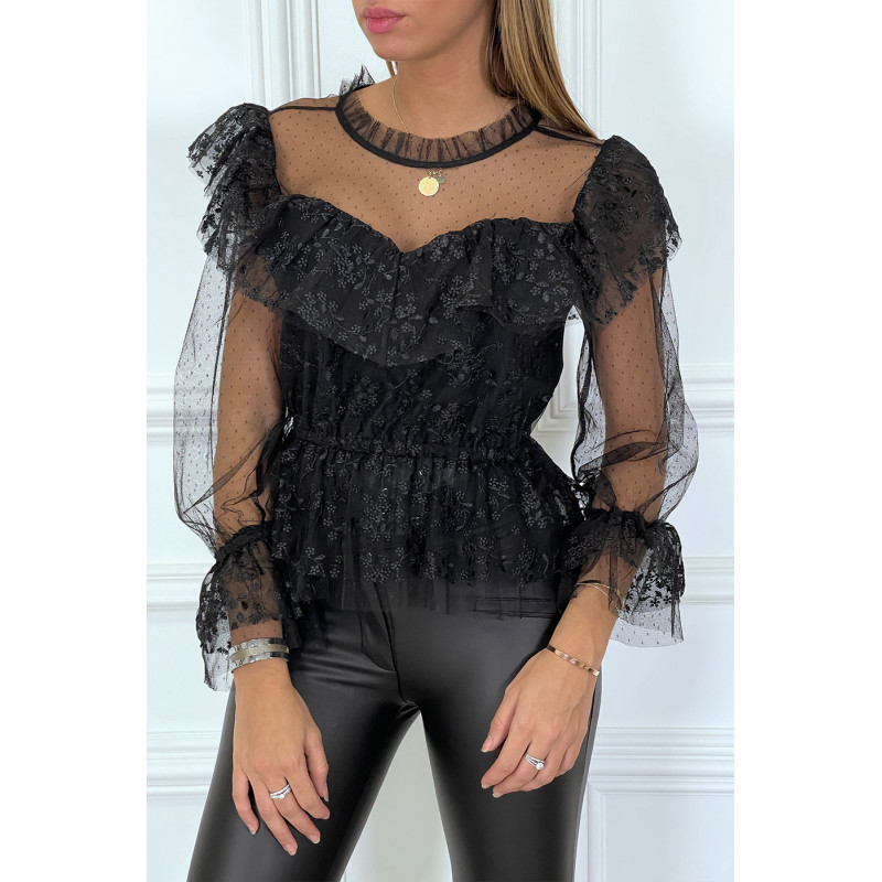 Blouse noire en dentelle à volants et col haut et plumetis - 1