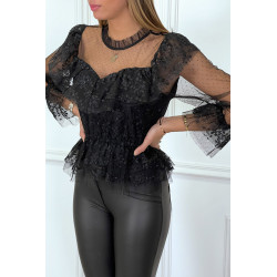 Blouse noire en dentelle à volants et col haut et plumetis - 4