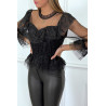 Blouse noire en dentelle à volants et col haut et plumetis - 4