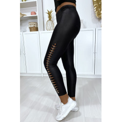 Legging noir brillant très extensible avec accessoire sur les cotés - 1