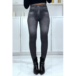 Legging noir taille haute et molletonné motif jean délavé - 1