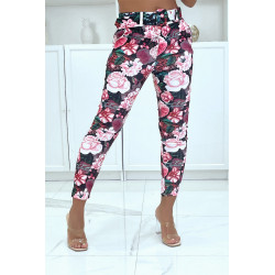 Pantalon stretch noir fleuris avec plis, poches et ceinture  - 4