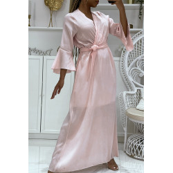 Robe longue rose cache coeur matière épaisse avec jolis reflets brillants doublé d'un jupon mi-long - 1