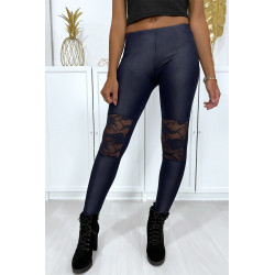 Legging marine matière brillante et extensible avec dentelles aux genoux - 1