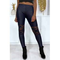 Legging marine matière brillante et extensible avec dentelles aux genoux - 2