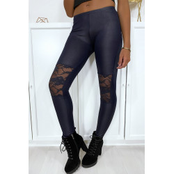 Legging marine matière brillante et extensible avec dentelles aux genoux - 4