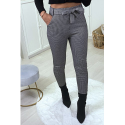 Pantalon slim à motif vichy gris molletonné à l'intérieur avec poches et ceinture - 5