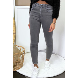 Jeans gris en taille haute très extensible avec poches - 8