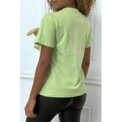 T-shirt vert anis à poche doudou col rond et manches courtes - 4