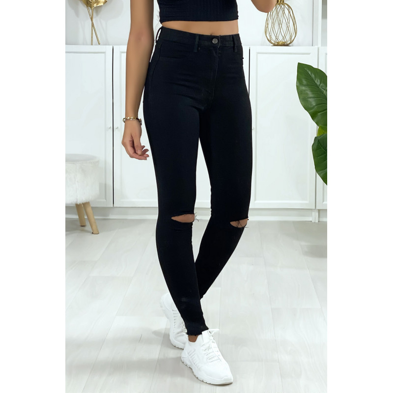 Jeans slim en noir déchiré aux genoux avec poches à l'arrière - 2