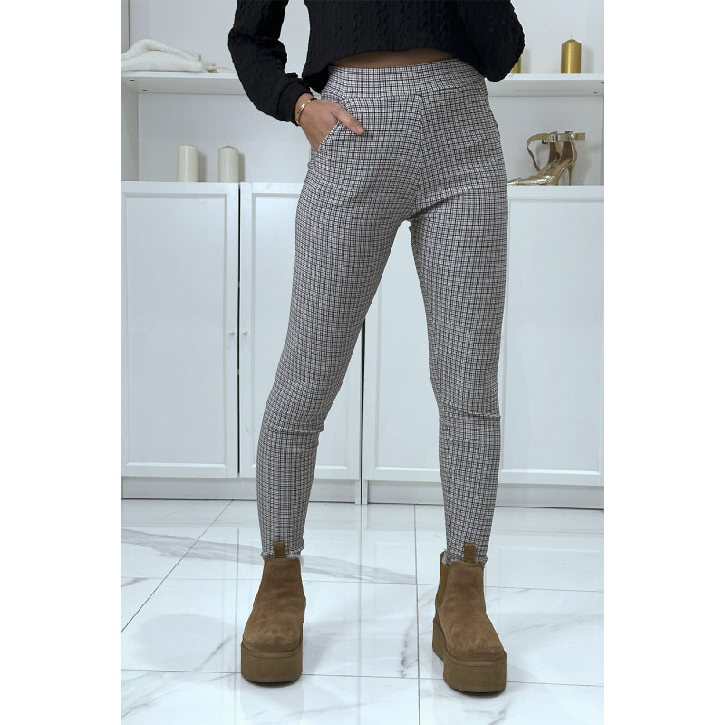 Pantalon slim beige extensible à motif pied de poule - 1