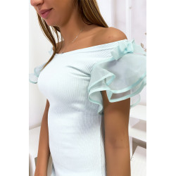 Robe vert d'eau en maille côtelé avec des volants et papillon aux épaules - 6