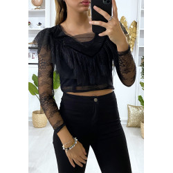 Crop top noir en dentelle avec volant au buste - 1