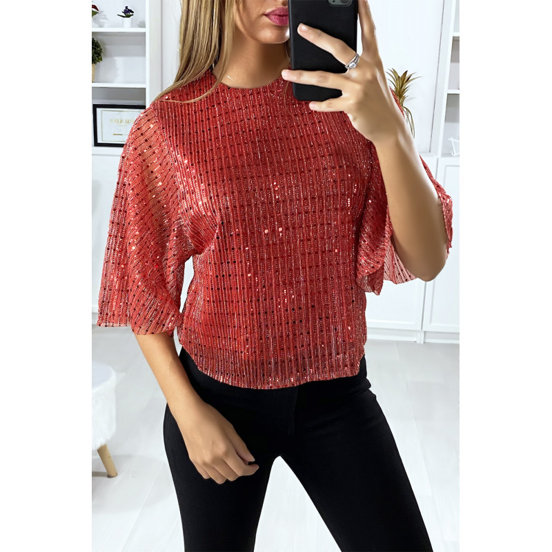 Blouse rouge pailleté manche volante - 1