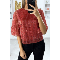 Blouse rouge pailleté manche volante - 2