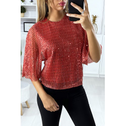 Blouse rouge pailleté manche volante - 3