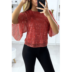 Blouse rouge pailleté manche volante - 4