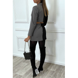 Ensemble tailleur veste courte et mini jupe bicolore cache coeur à manches longues - 3