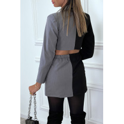 Ensemble tailleur veste courte et mini jupe bicolore cache coeur à manches longues - 5