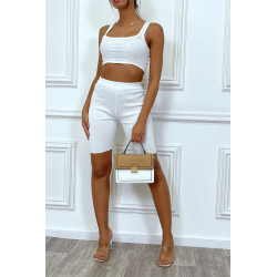 Ensemble blanc crop top et cycliste blanc en fine maille - 1