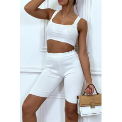 Ensemble blanc crop top et cycliste blanc en fine maille - 2