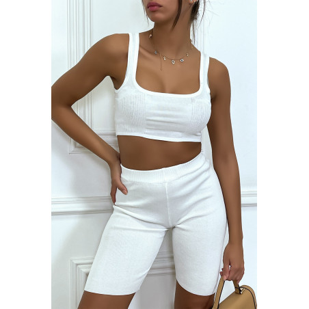 Ensemble blanc crop top et cycliste blanc en fine maille - 4