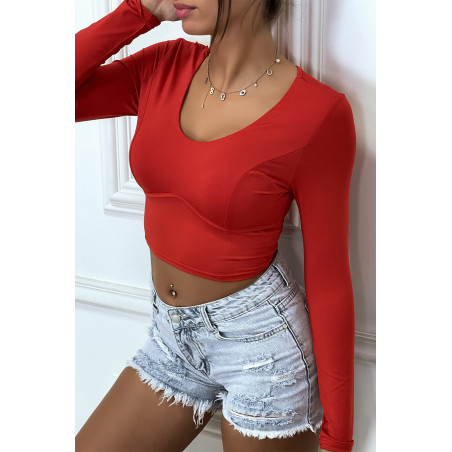 T-shirt court rouge à manches longues avec armature poitrine - 2