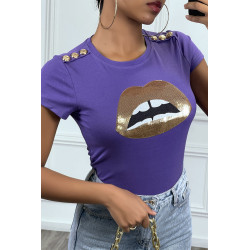 Tee shirt violet avec dessins et boutons dorée - 4