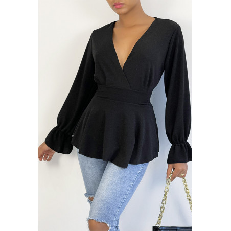 Blouse cache-coeur pailletée noire à volants - 3