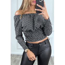 Blouse noire à motif beige à col bardot et froncé - 3