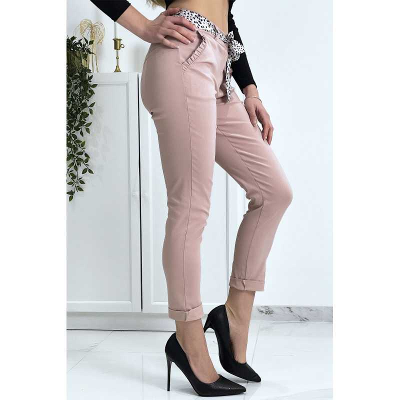 Pantalon strech rose avec poches froufrou et ceinture - 1