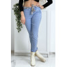 Pantalon strech bleu avec poches froufrou et ceinture - 4