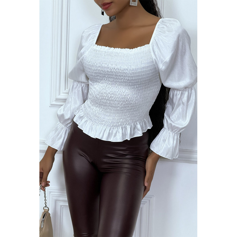 Blouse blanche froncée à manches bouffantes - 1