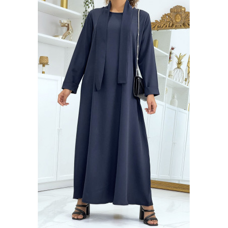 Longue abaya marine avec poches et ceinture - 1