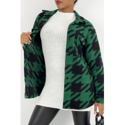 Veste surchemise bicolore vert forêt et noire à carreaux mi-longue avec fermeture à boutons et col à revers - 5