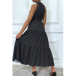 Robe longue noir volante à petit pois blanc avec ceinture - 2