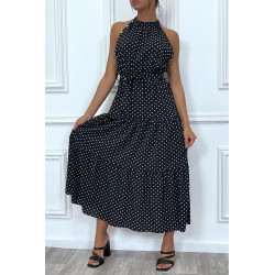 Robe longue noir volante à petit pois blanc avec ceinture - 5