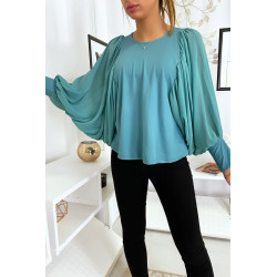 Jolie blouse turquoise à manches drapées - 1