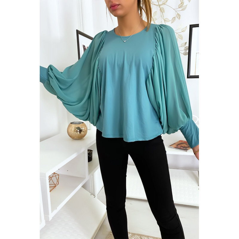 Jolie blouse turquoise à manches drapées - 1