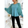 Jolie blouse turquoise à manches drapées - 1