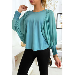 Jolie blouse turquoise à manches drapées - 2