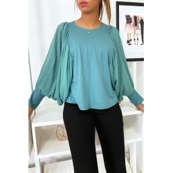 Jolie blouse turquoise à manches drapées - 4