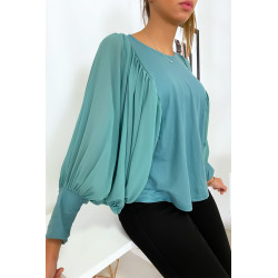 Jolie blouse turquoise à manches drapées - 5