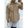 Manteau taupe mi long asymétrique simili cuir avec ceinture à la taille - 3